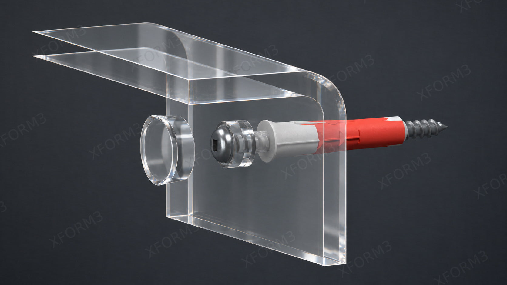 FreeCAD cutaway with clear shelf lip, screw head seated in the acrylic cup washer, cover cap on the room side, and wall anchor on the wall side