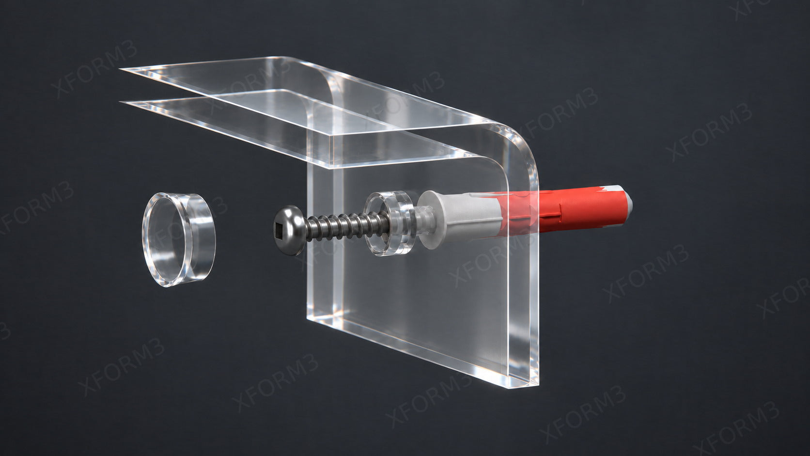FreeCAD-derived view of the screw entering the acrylic cup washer and mounting lip while the cover cap stays separate