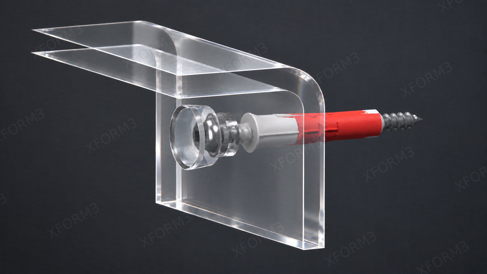 FreeCAD-derived view with the acrylic cover cap seated over the secured screw head