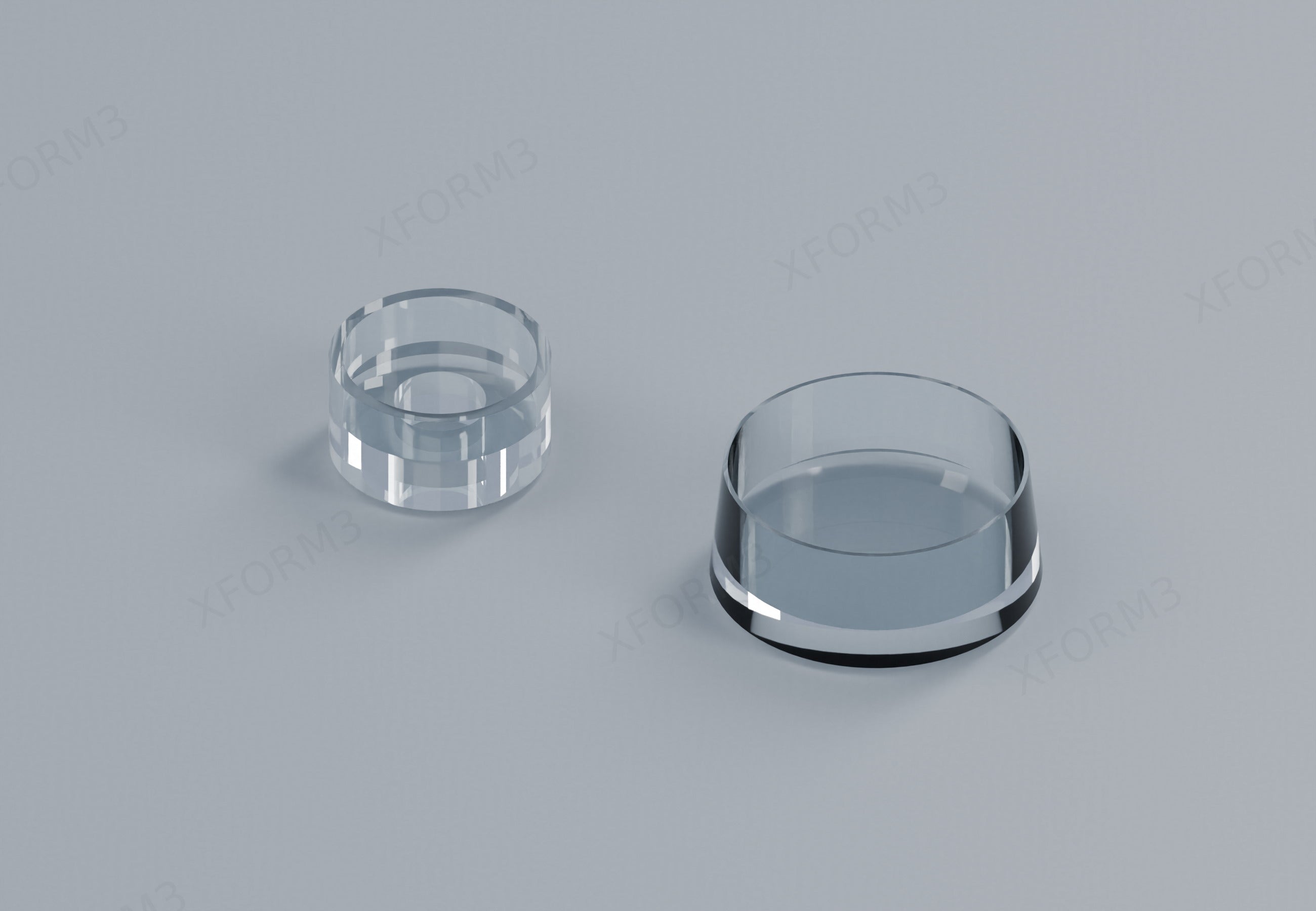 Exact FreeCAD render of the supplied acrylic cup washer at left and acrylic cover cap at right