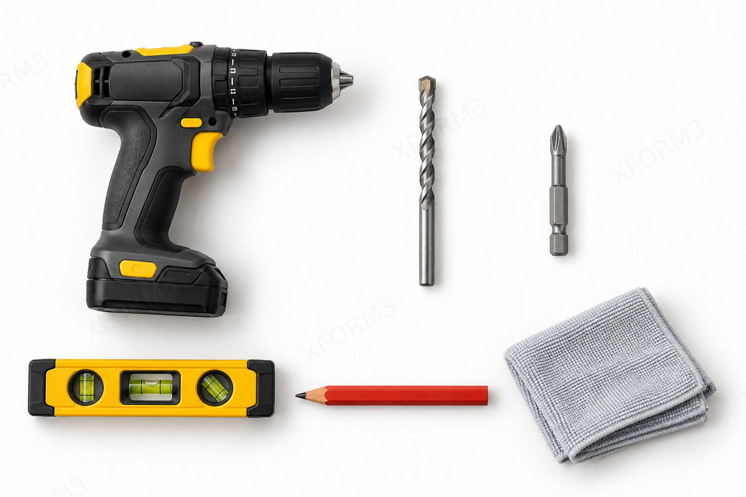 Cordless drill, separate drill bit and driver bit, spirit level, pencil, and microfiber cloth